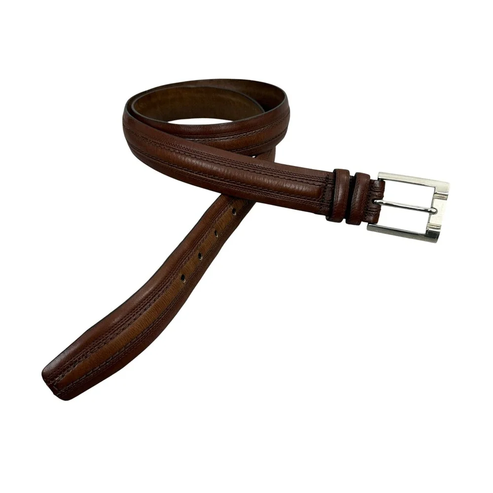 Mezlan Belt Mens Medium Brown Leather Dress Stitched Silver Buckle Made in Spain
